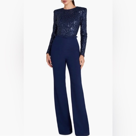 Nadine Merabi Misha Belted Long Sleeve Flare Jumpsuit Navy - Picture 2 of 9